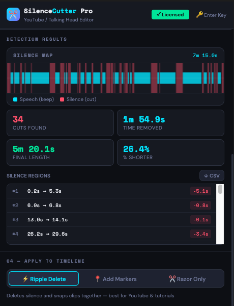 SilenceCutter Pro detection results with silence map and statistics