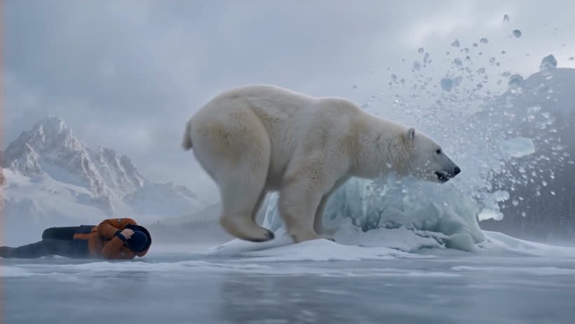 Polar bear smashing an ice ridge apart