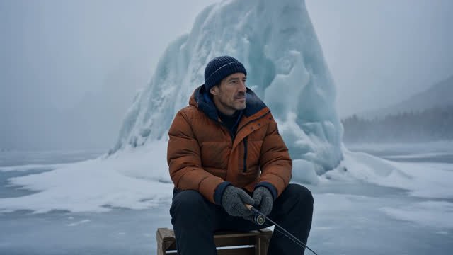 Fisherman alone on a frozen lake, overcast