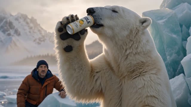 The bear drinking the SOLA while the stunned fisherman watches
