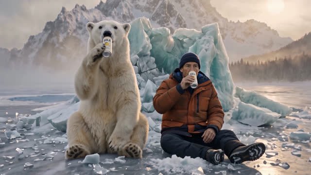 Bear and fisherman side by side, sharing a drink
