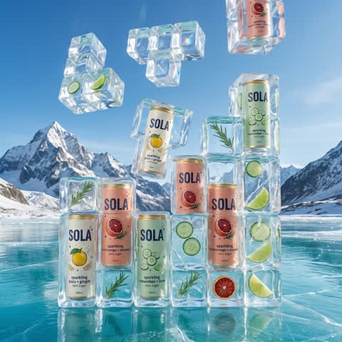 Glacial Tetris static: stacked ice blocks with cans