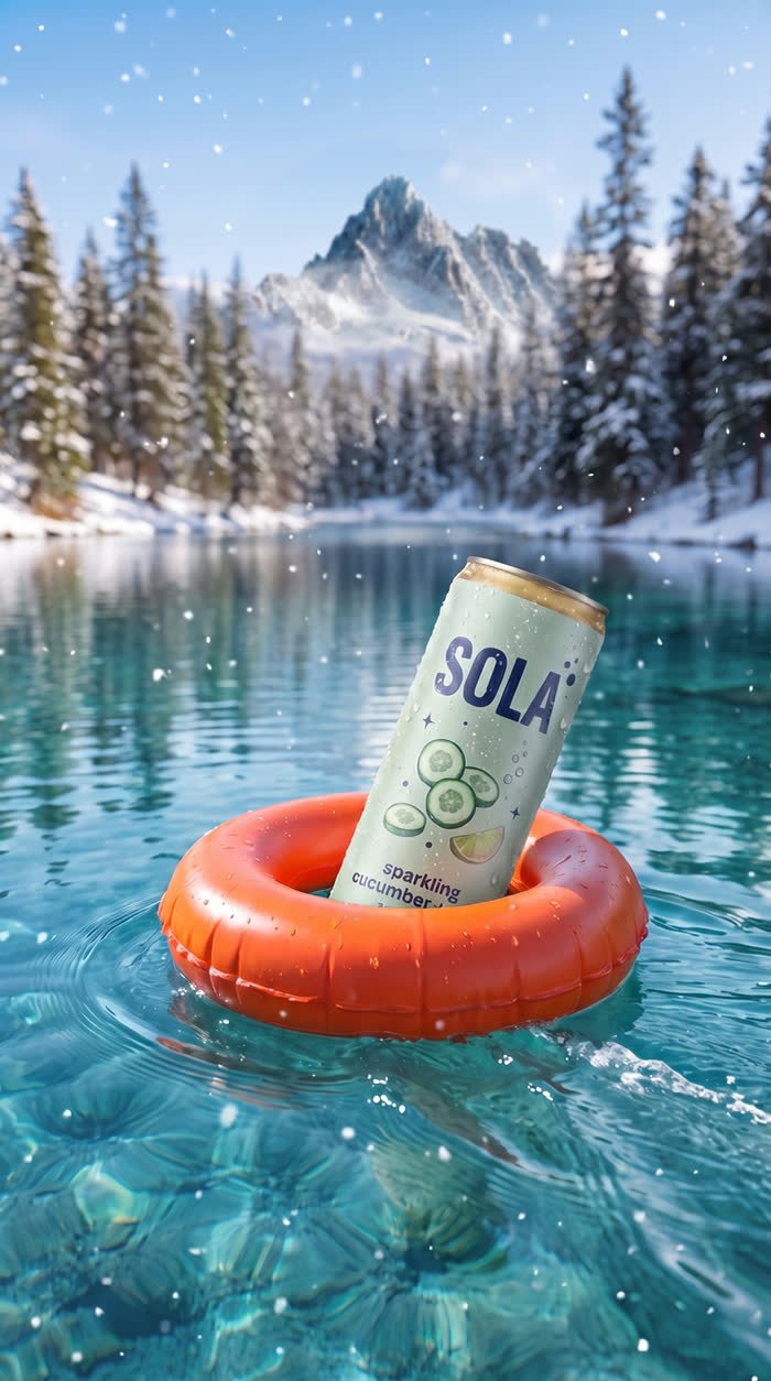 Vertical hero key art: SOLA can in a lifebuoy on a glacial lake