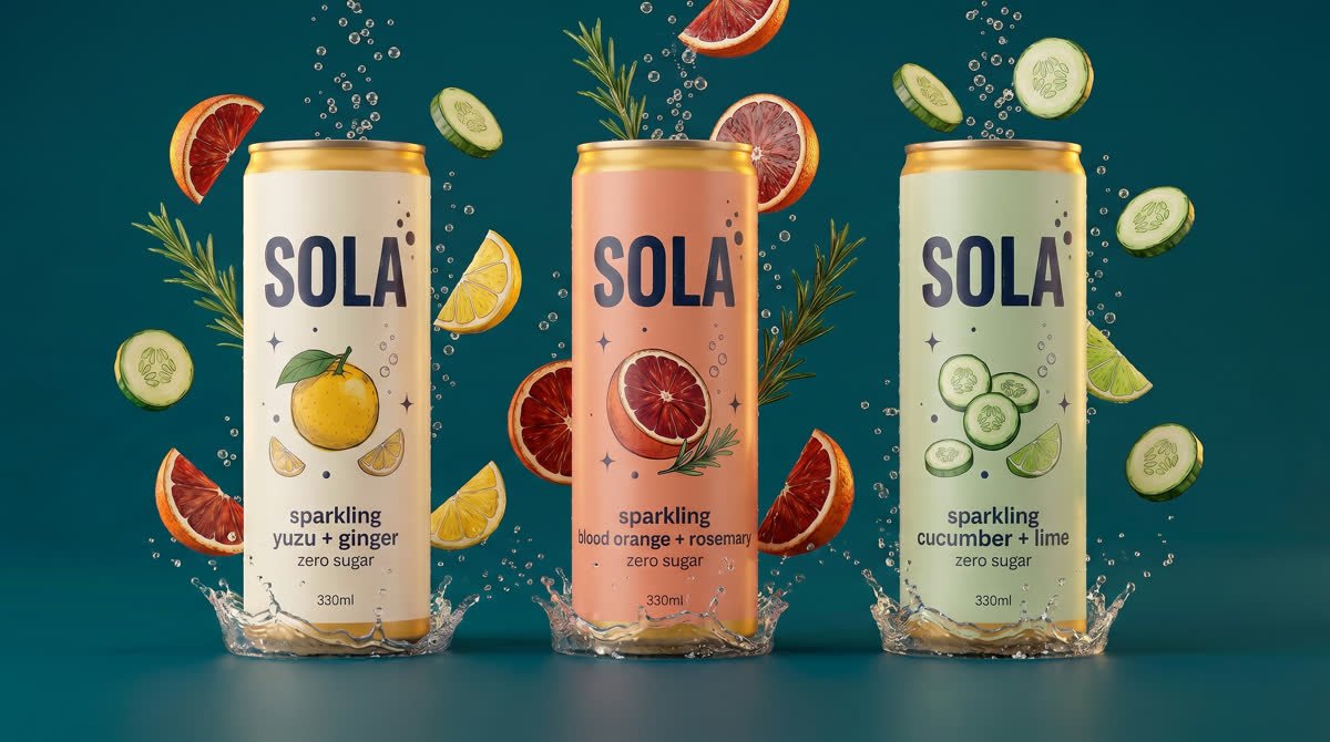 SOLA flavour lineup: three cans with fruit and splashes on teal