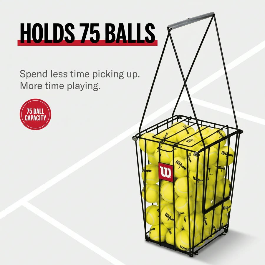 Storefront static: HOLDS 75 BALLS — hopper filled with tennis balls on a light court backdrop