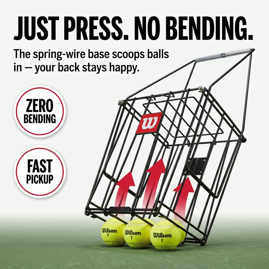 Storefront static: JUST PRESS, NO BENDING — basket pressing over three balls with upward arrows