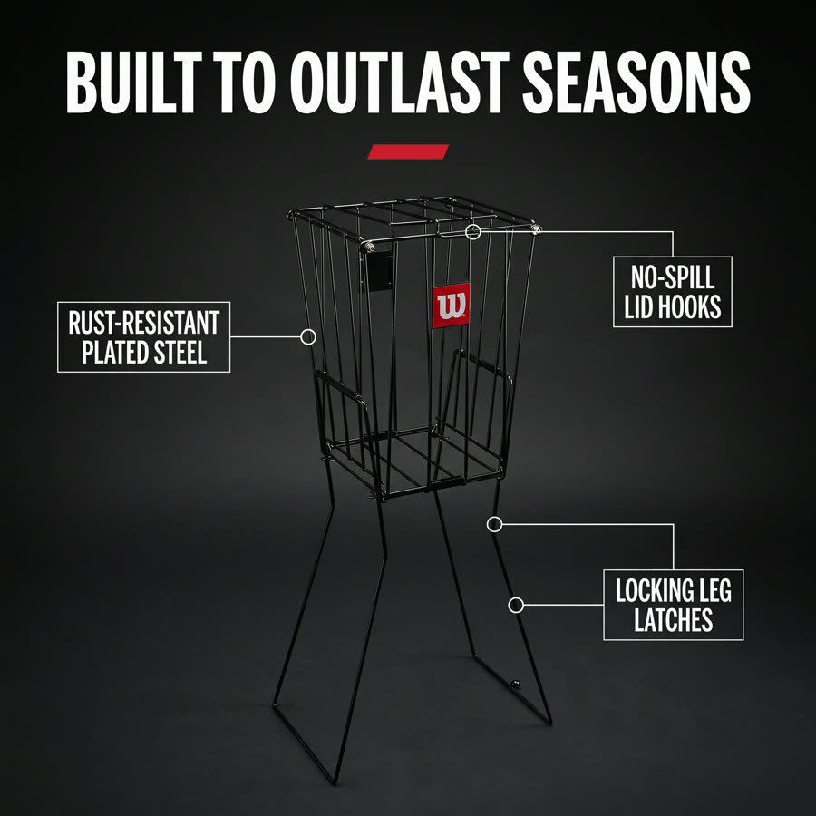 Storefront static: BUILT TO OUTLAST SEASONS — dark technical callout diagram of the steel frame