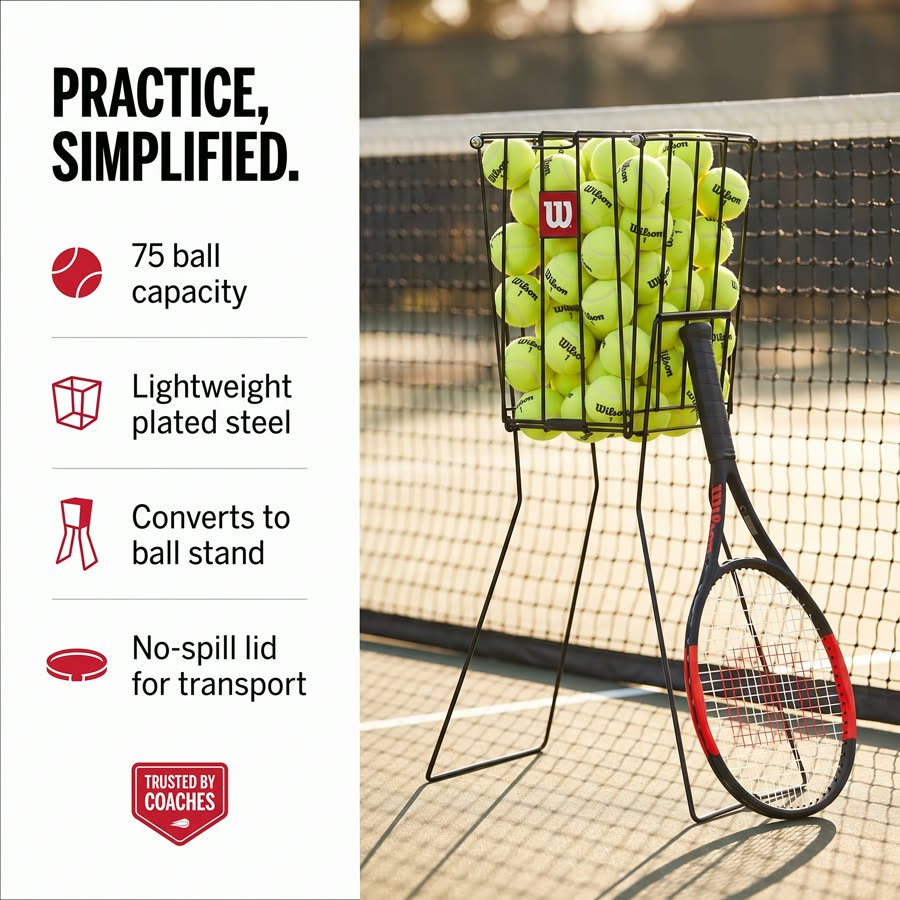 Storefront static: PRACTICE, SIMPLIFIED — hopper in stand mode courtside with a specs panel