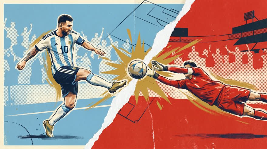 Hero frame: Argentina striker and Swiss keeper clash across a torn-paper split, vintage screen-print style