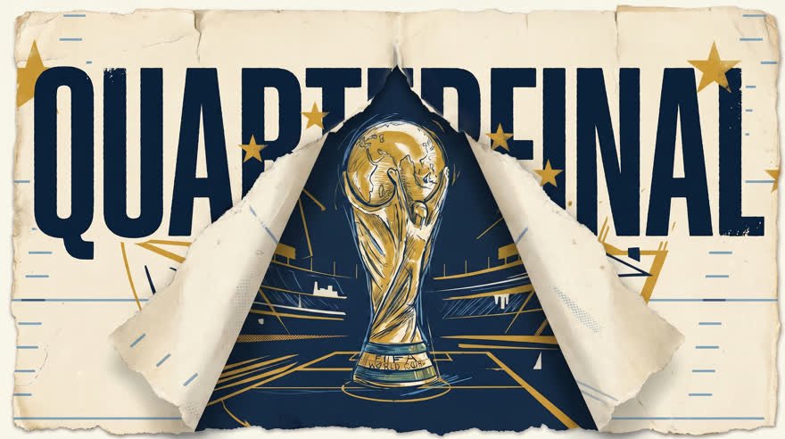 Board 01 — torn paper opens on the World Cup trophy under the word Quarterfinal
