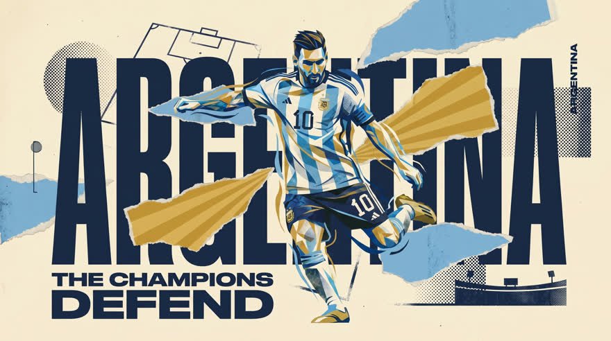 Board 02 — Argentina's no.10 striking through torn-paper shapes, 'The Champions Defend'