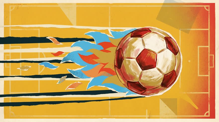 Board 03 — the ball rockets across the pitch trailing paper flames