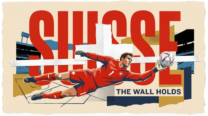 Board 04 — Swiss keeper's full-stretch diving save, 'The Wall Holds'